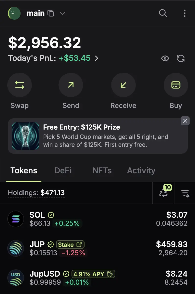 Jupiter Wallet browser extension showing portfolio balance, swap actions, and token list